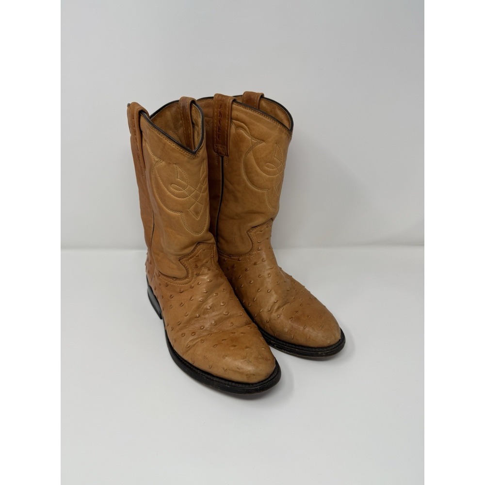 Rancho Mens Size MEX 25 EE Orange Leather Ostrich Print Cowboy Western Boots